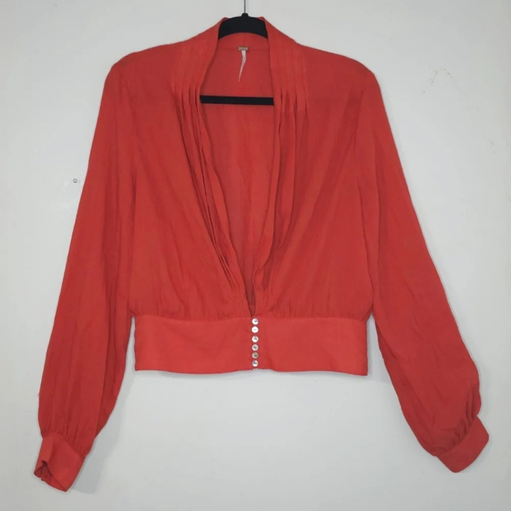 FREE PEOPLE Long Sleeve Deep V-Neck Gauzy Boho Top W/ Mother of Pearl Buttons, M - Picture 3 of 15